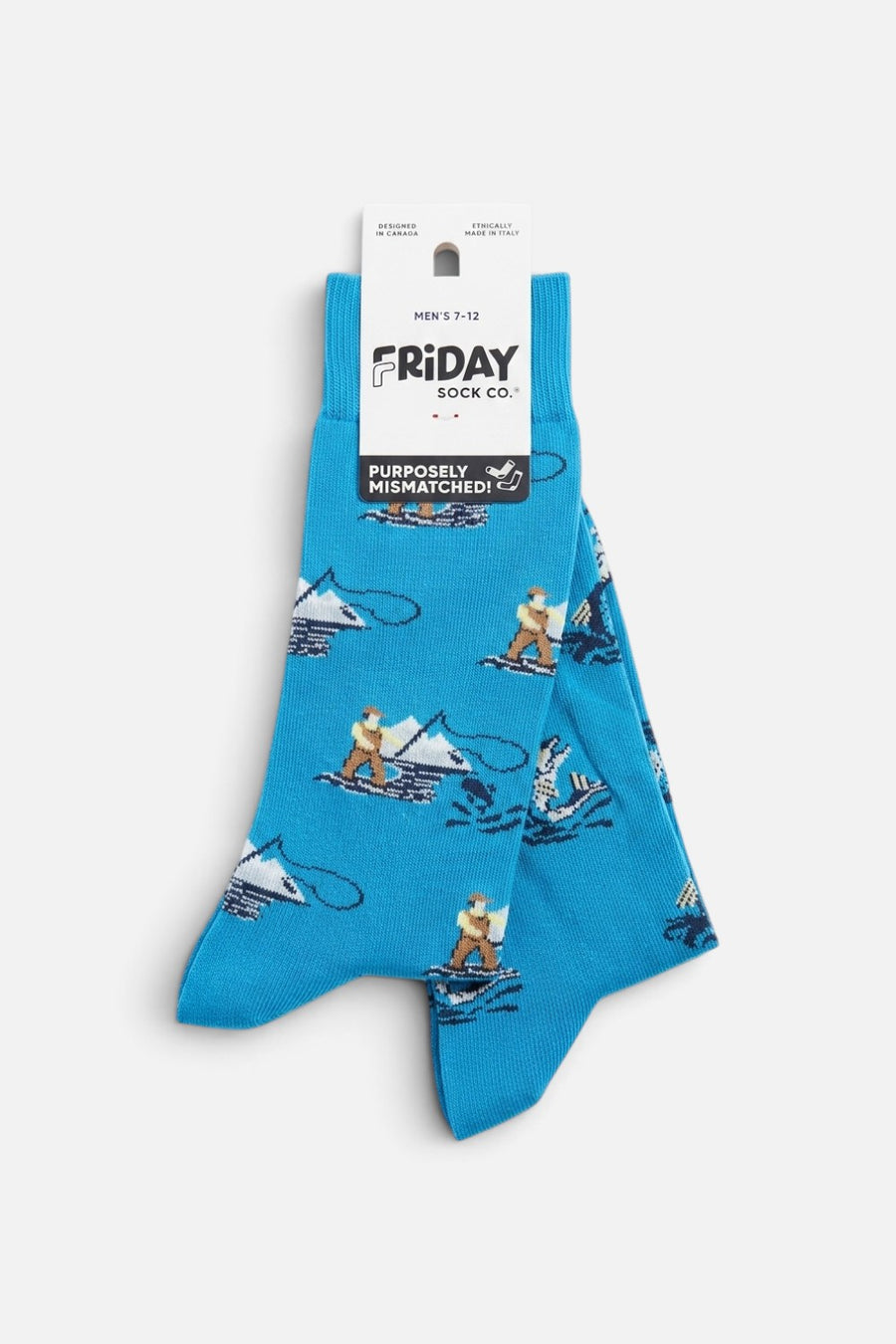 Friday Sock Co Retro Fly Fishing socks with fly-fishing motif, pair laid flat.