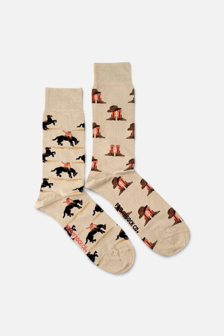 Friday Sock Co Western Cowboy socks with western motif, pair laid flat.