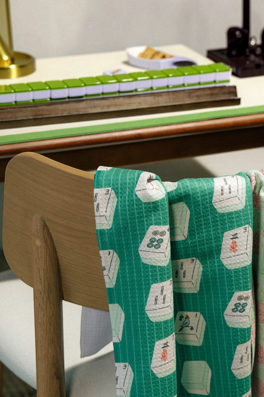 Geometry Towels Tile Flow tea towel, styled in a kitchen.