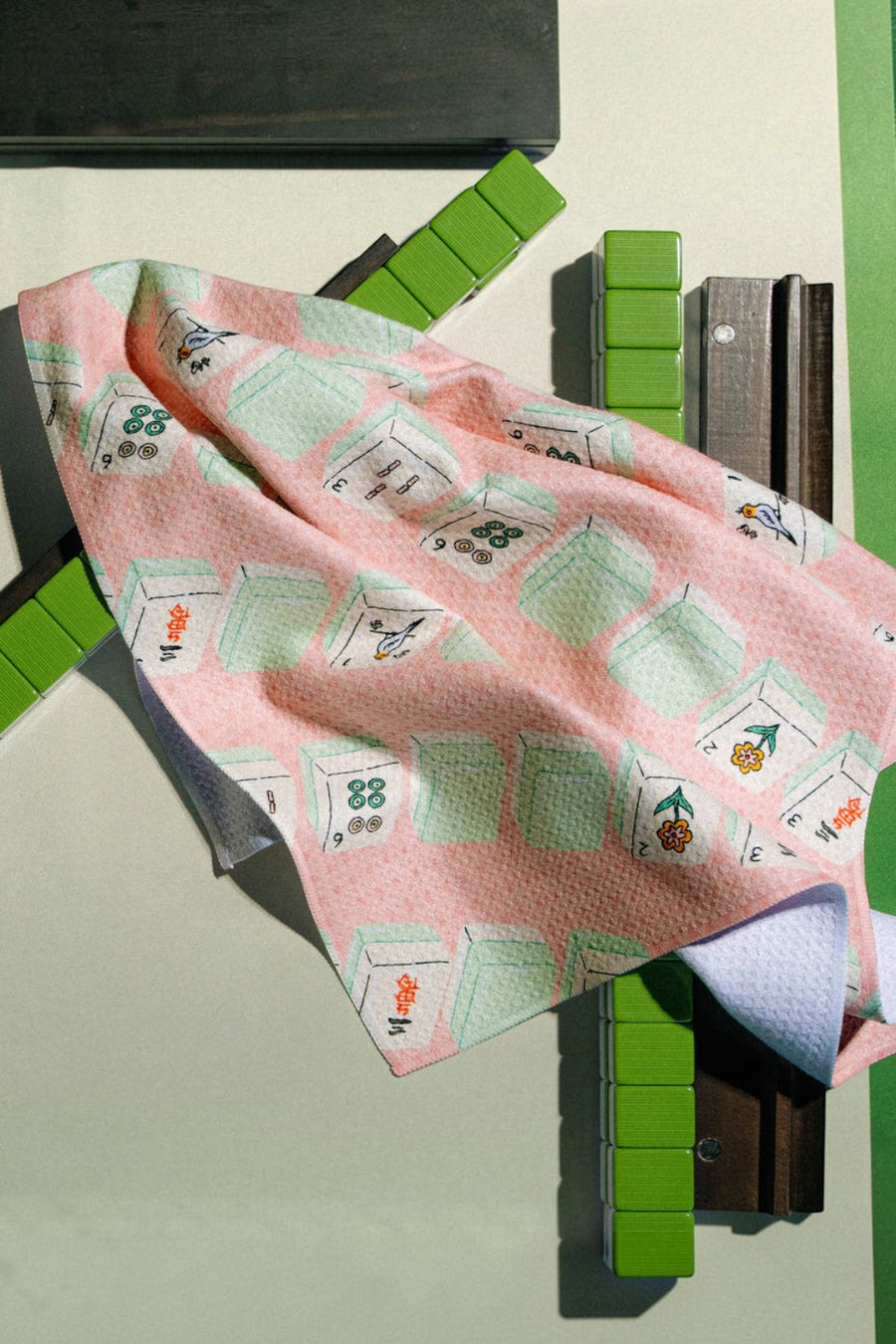 Geometry Towels Tile Parade tea towel, styled in a kitchen.