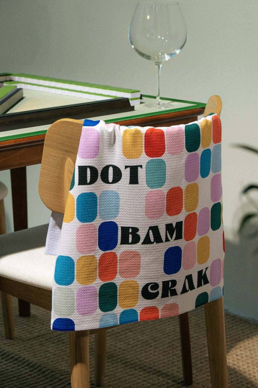 Geometry Towels Tile Talk tea towel, styled in a kitchen.