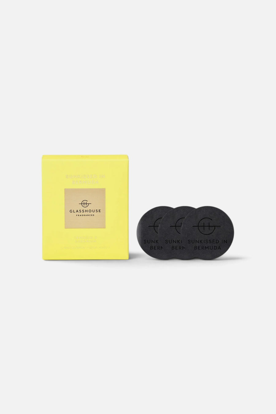 Glasshouse Car Diffuser Refill in Sunkissed In Bermuda, three-pack of replacement Scent Disks in carton.