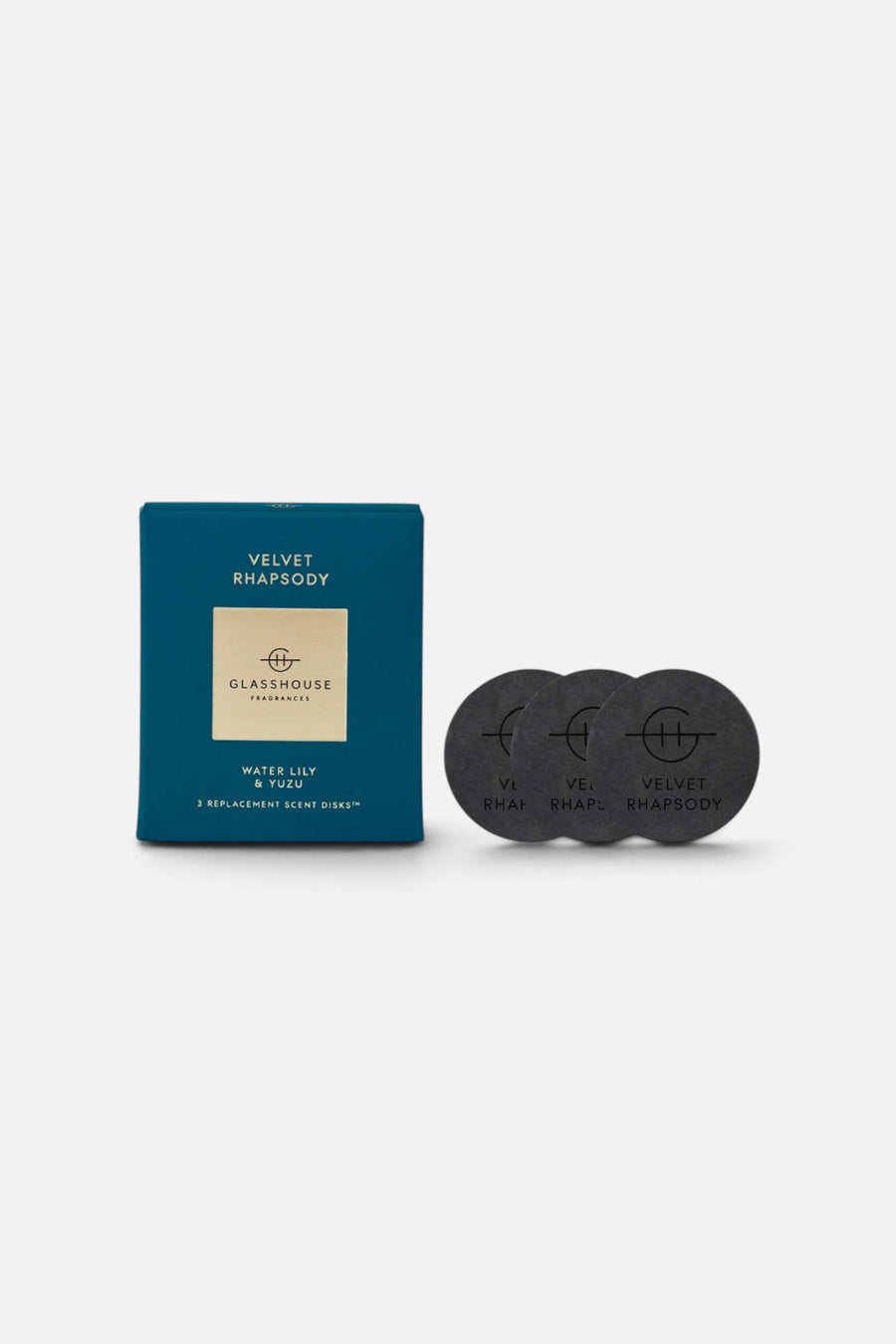 Glasshouse Car Diffuser Refill in Velvet Rhapsody, three-pack of replacement Scent Disks in carton.