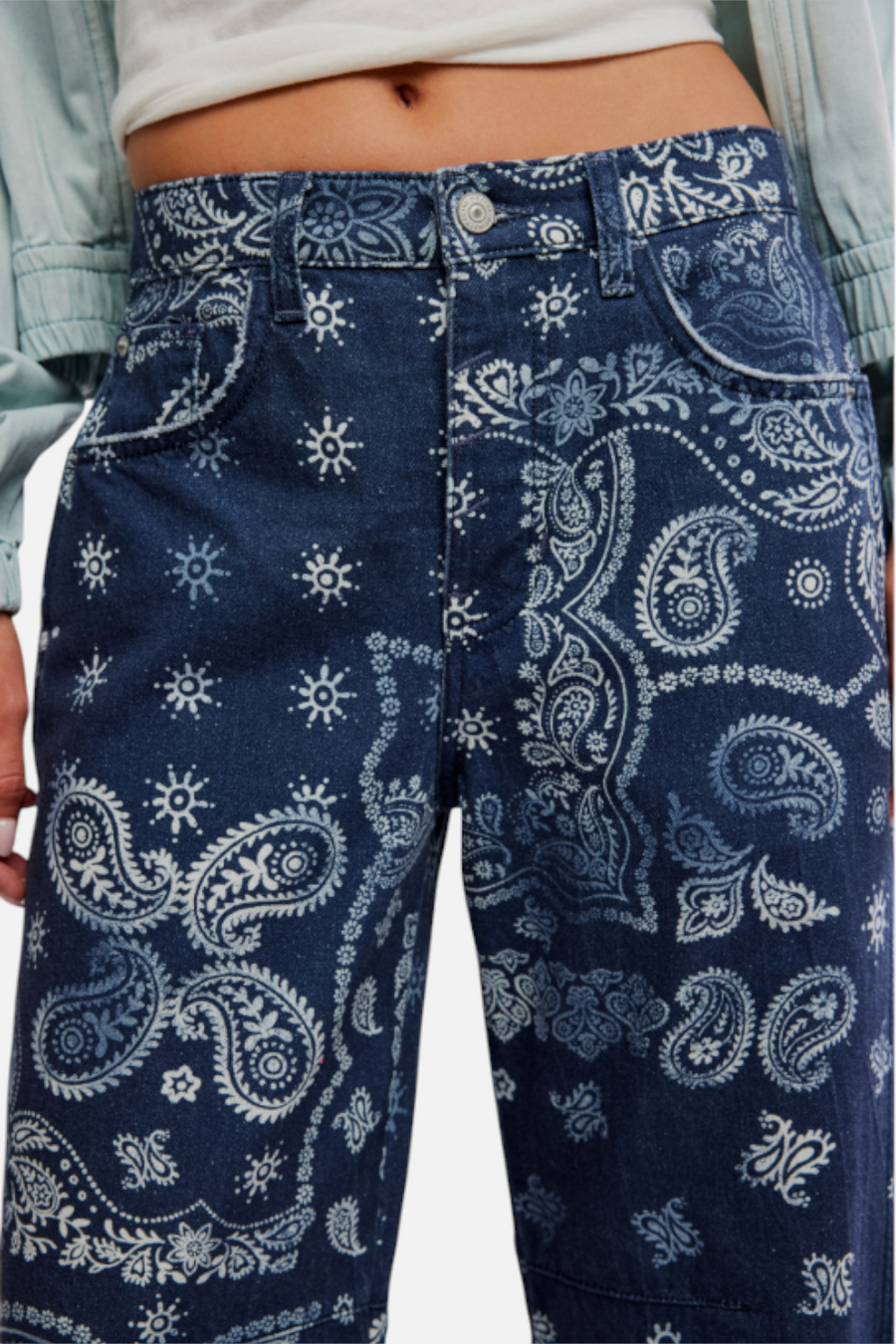 Free People Good Luck Printed Barrel Jean in Navy Bandana
