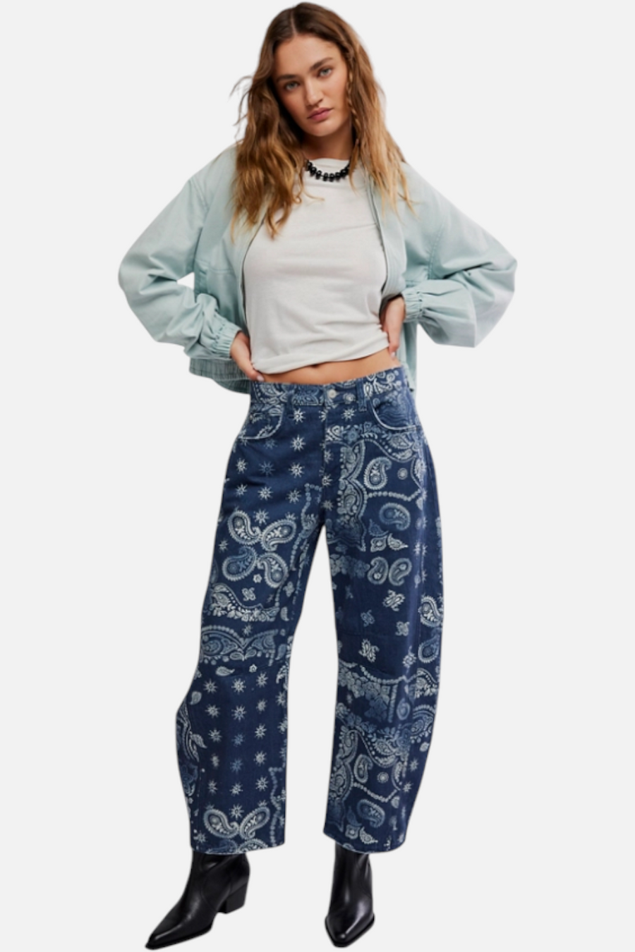 Free People Good Luck Printed Barrel Jean in Navy Bandana