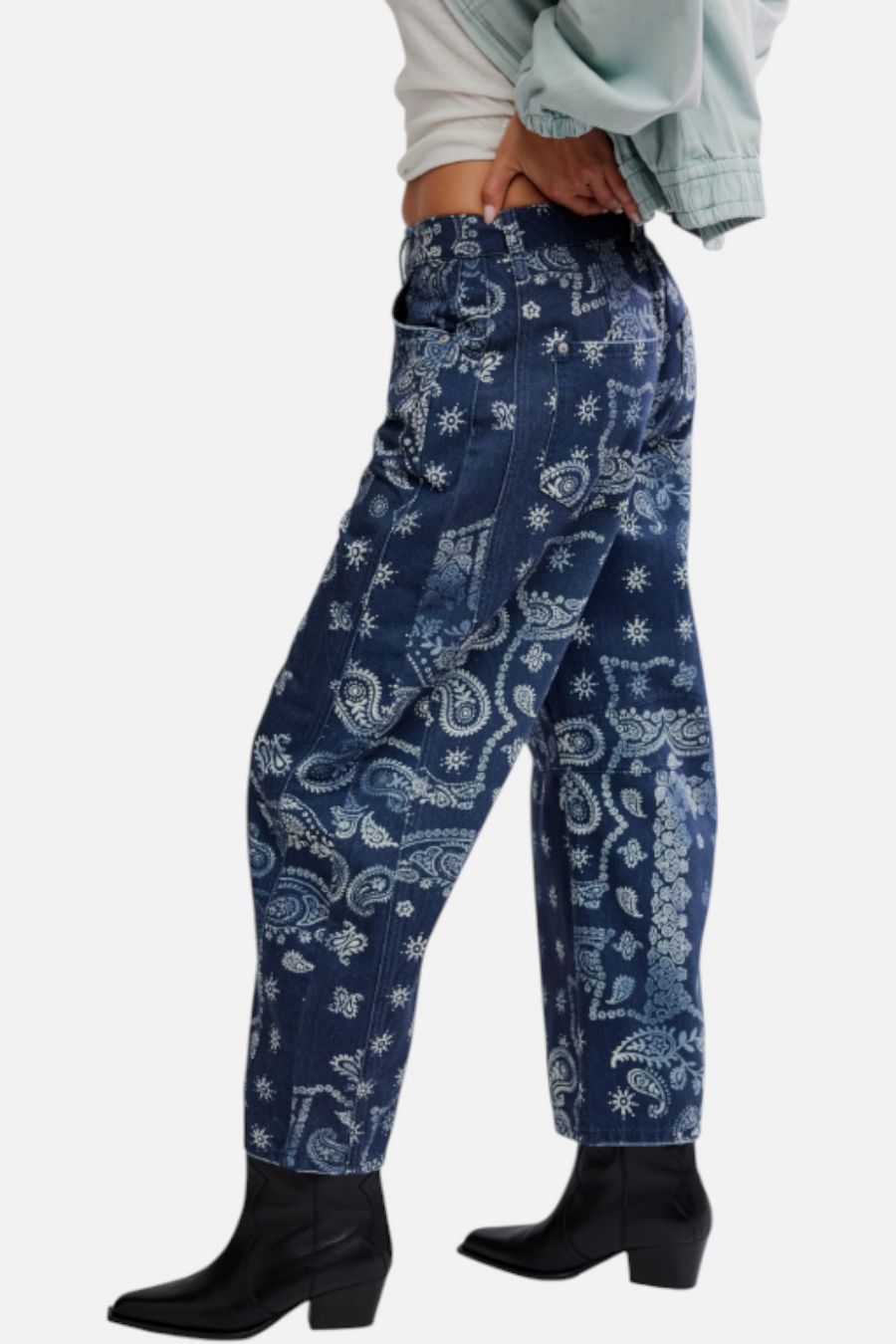 Free People Good Luck Printed Barrel Jean in Navy Bandana