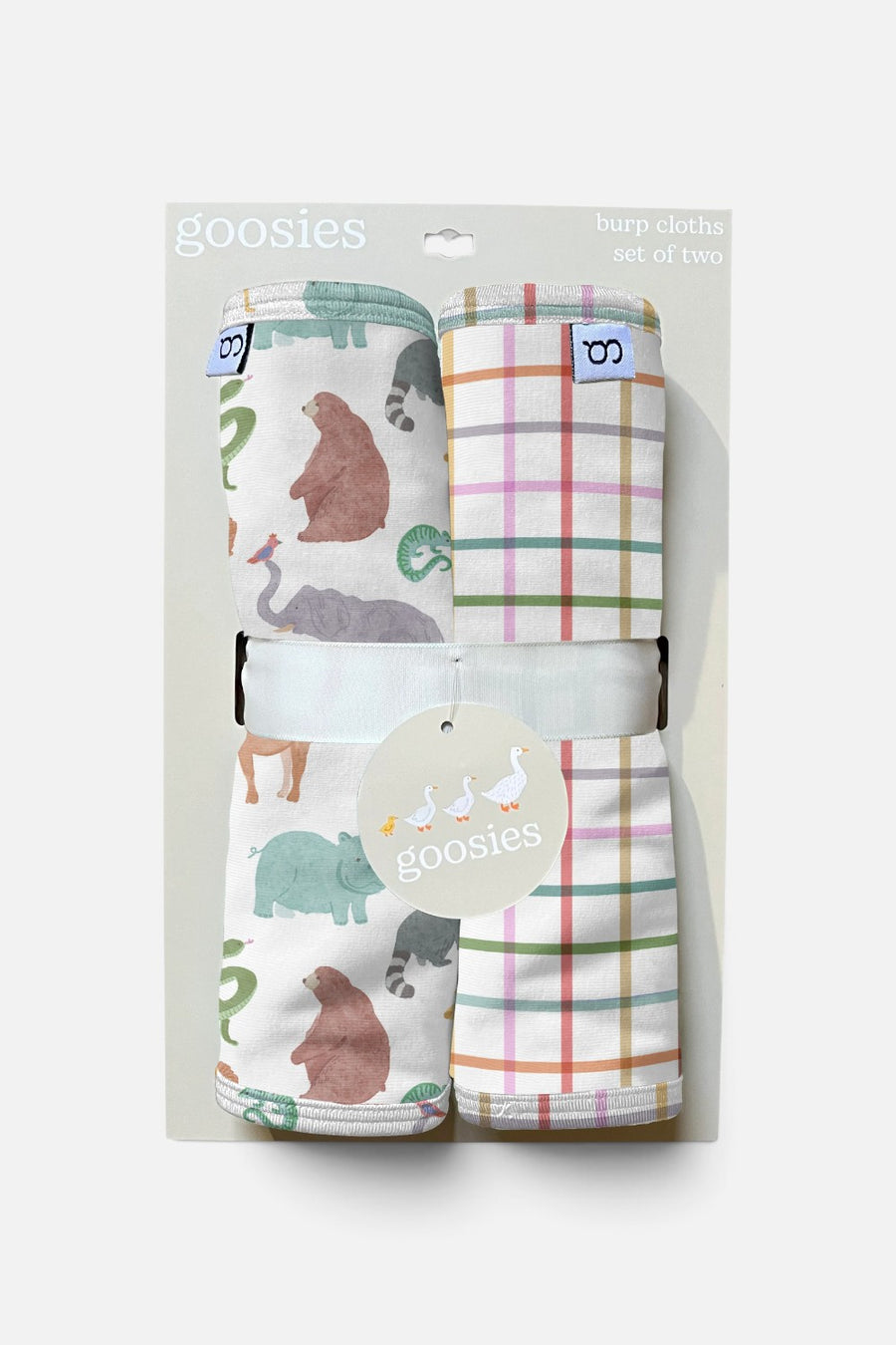 Goosies Zoo Crew burp cloth set of two in bamboo with terrycloth backing.