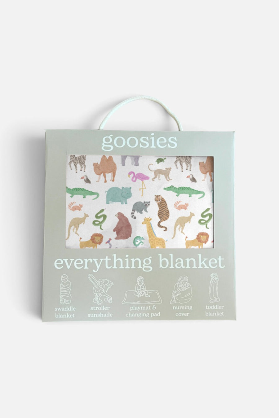 Goosies Everything Blanket in Zoo Crew animal print, 40 by 40 inch bamboo baby blanket.