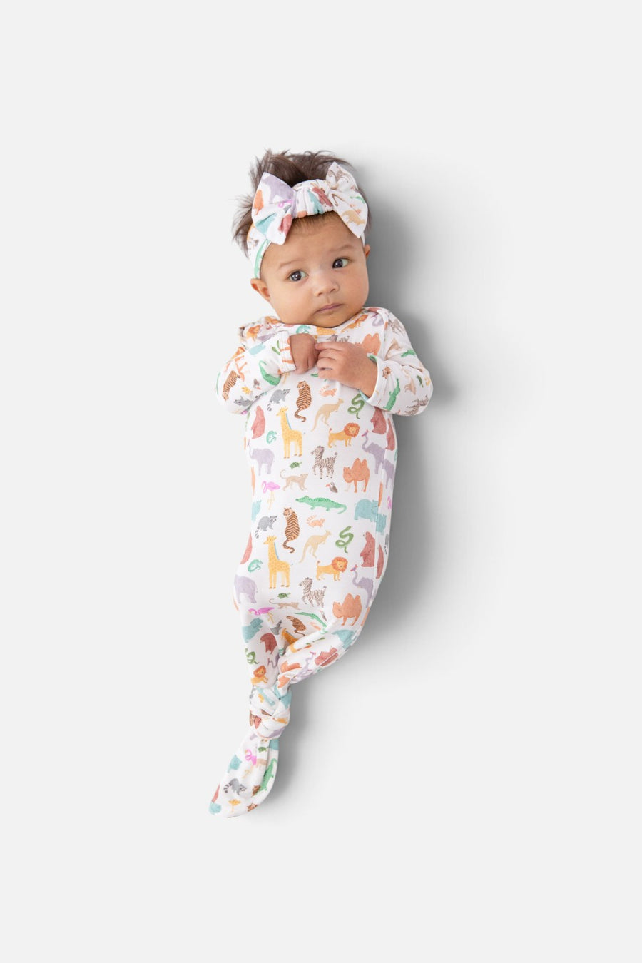 Goosies Knotted Gown in Zoo Crew, bamboo infant gown with knotted bottom.