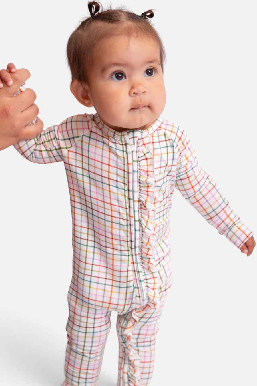 Goosies long sleeve zip pajamas in AJ Plaid, bamboo baby pajamas with convertible feet.
