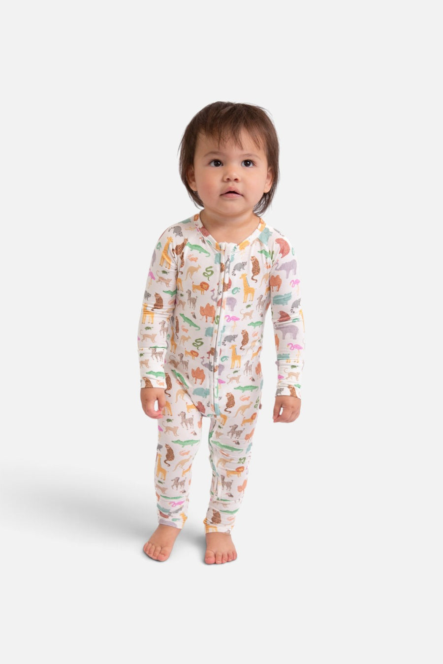 Goosies long sleeve zip pajamas in Zoo Crew print, bamboo baby pajamas with convertible feet.
