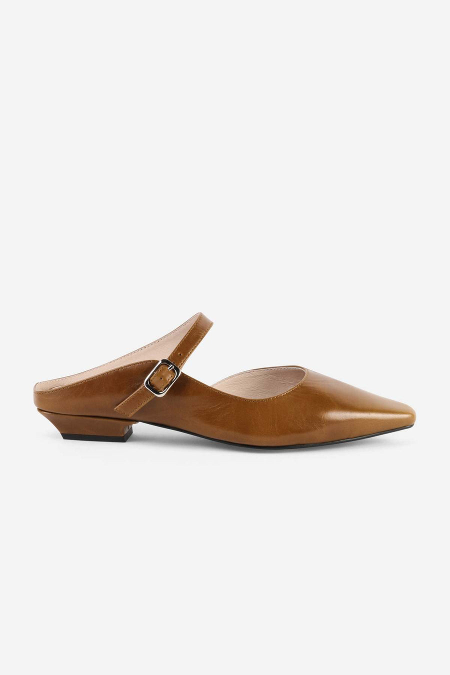 Intentionally Blank Nona saddle leather mule in tan, worn view.