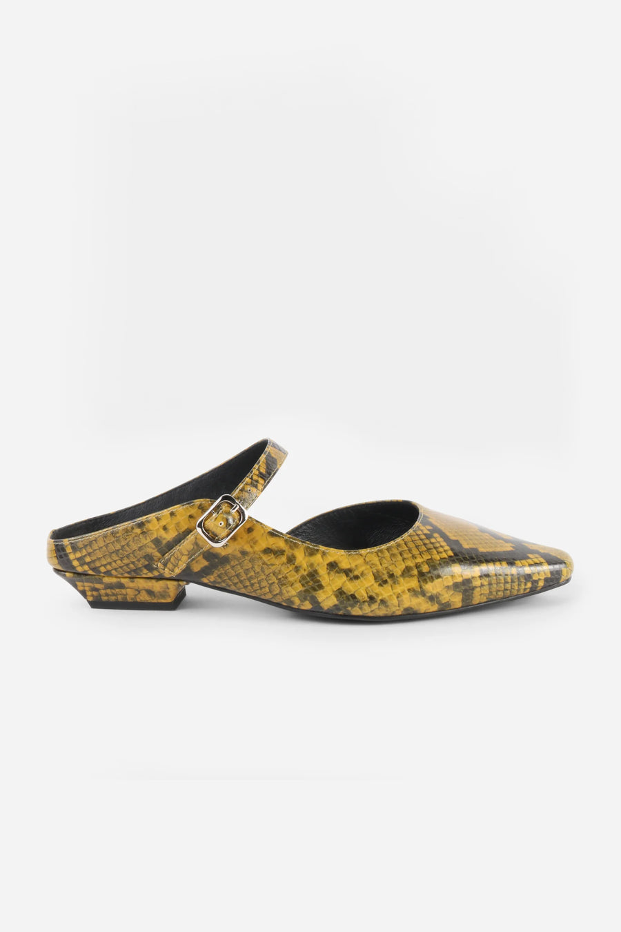 Intentionally Blank Nona snake embossed leather mule in yellow, worn view.