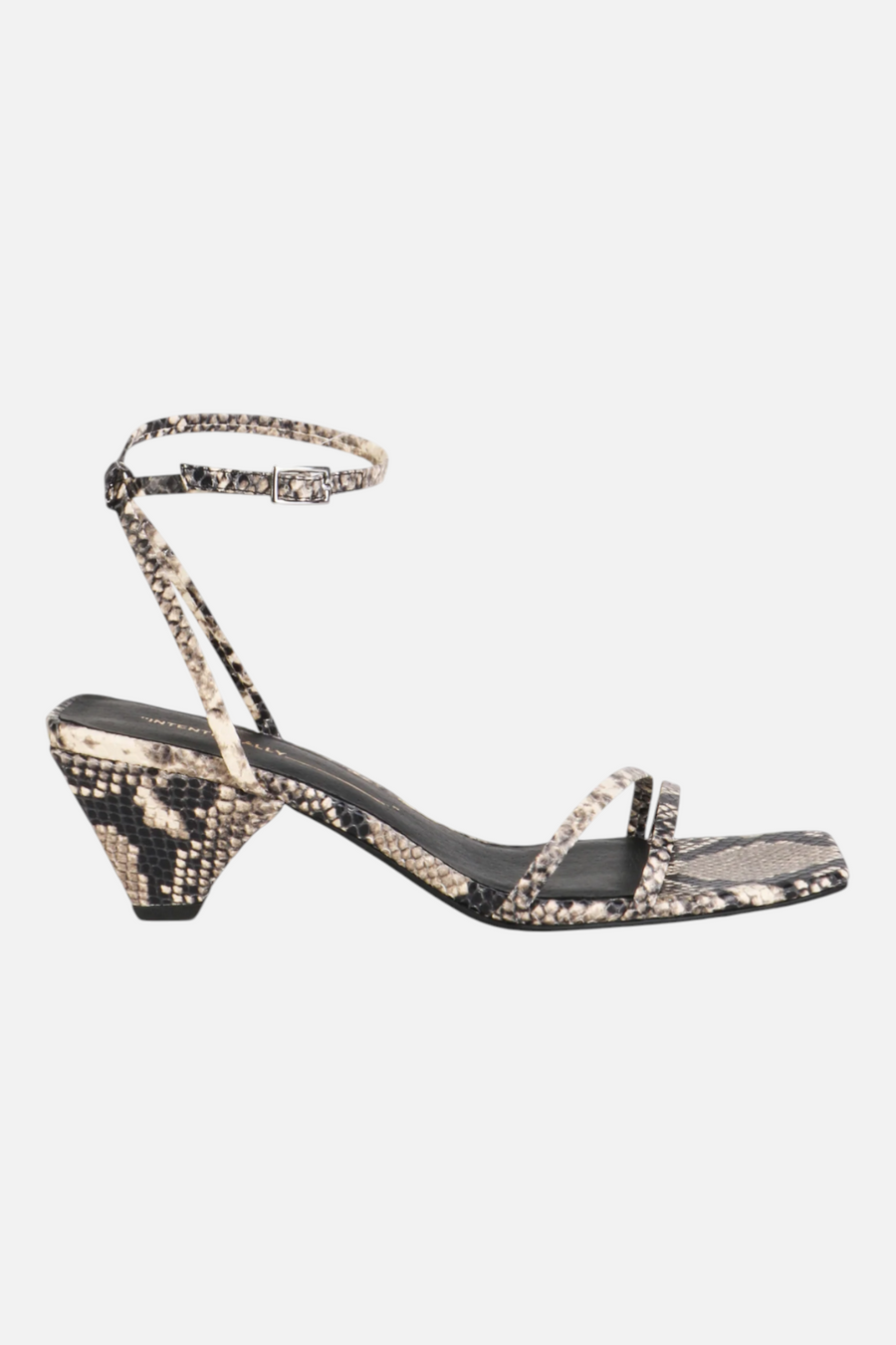 Intentionally Blank Pretty Please Snake Heeled Sandal in Black and White