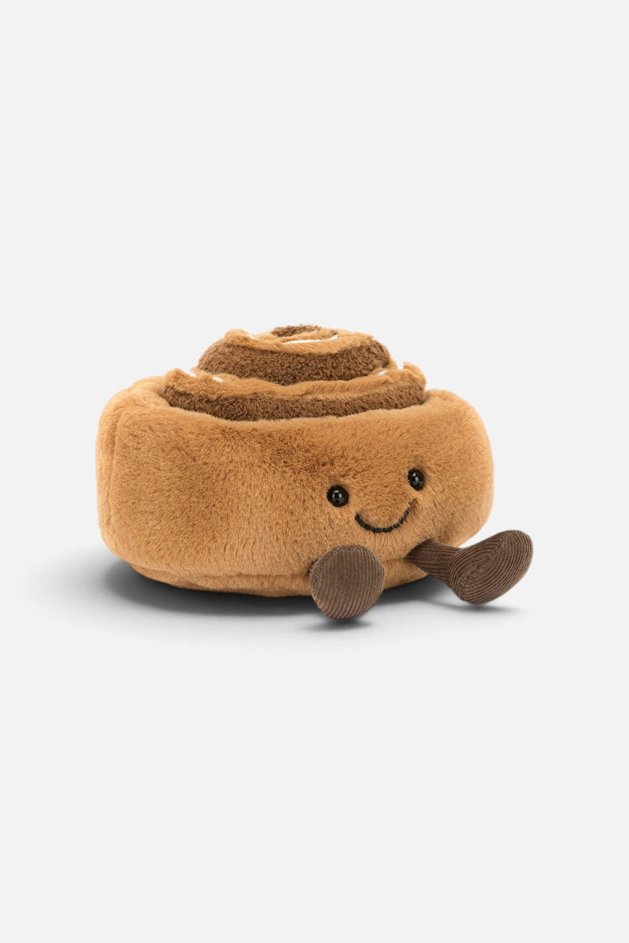 Jellycat Amuseables Cinnamon Bun plush toy in brown and cream, front view.