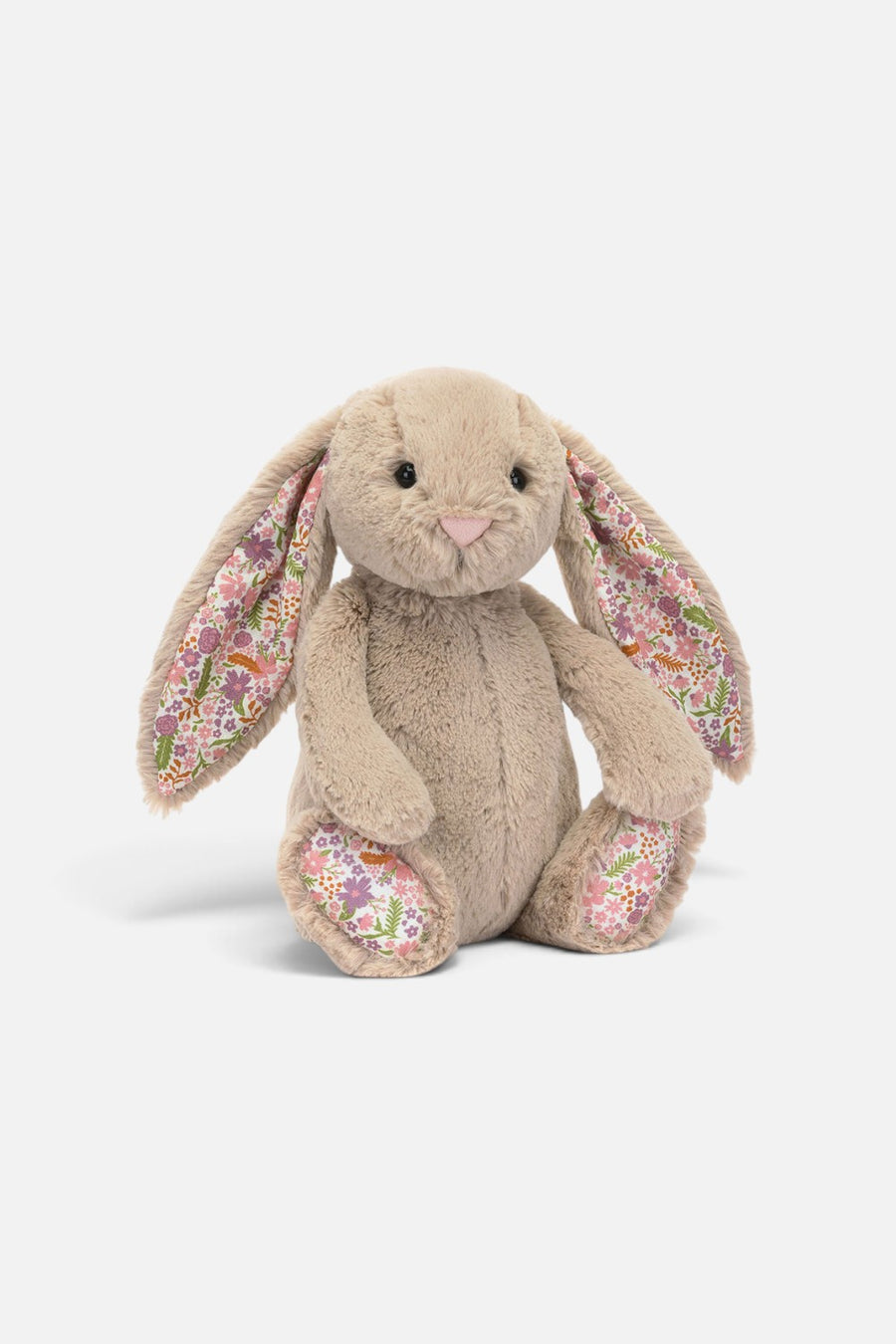 Jellycat Blossom Beige Bunny Petal plush toy with floral-lined ears, front view.