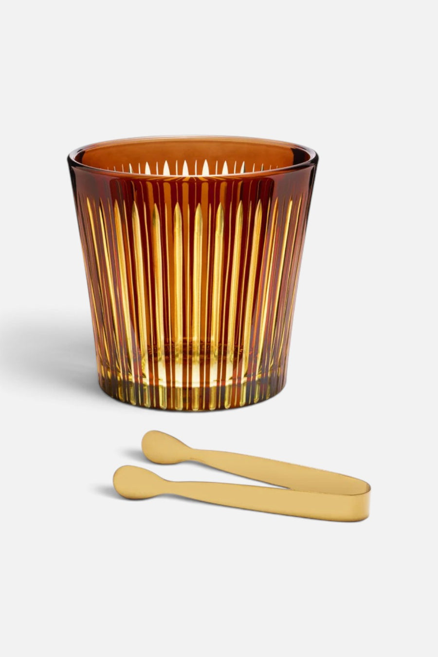 L'Objet Prism hand-cut amber glass ice bucket with matching tongs.