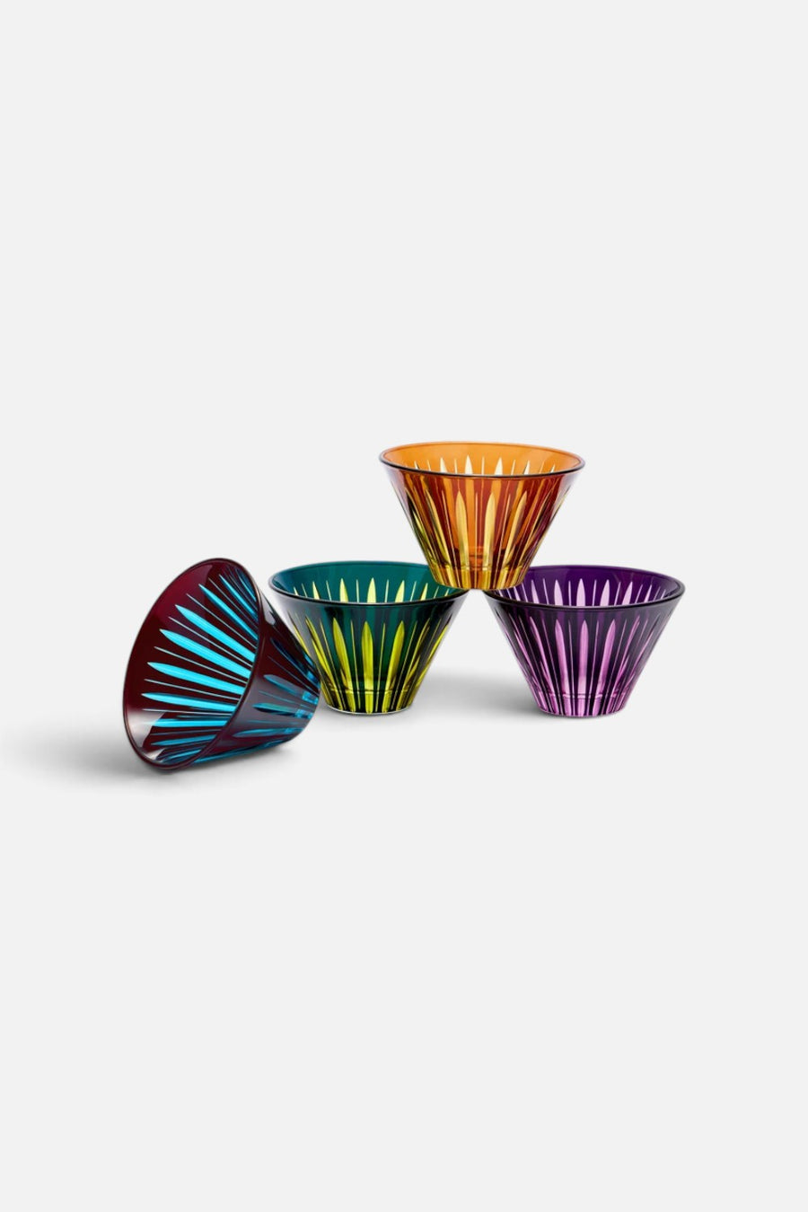 L'Objet Prism hand-cut glass condiment bowls, assorted set of four in mixed colors.