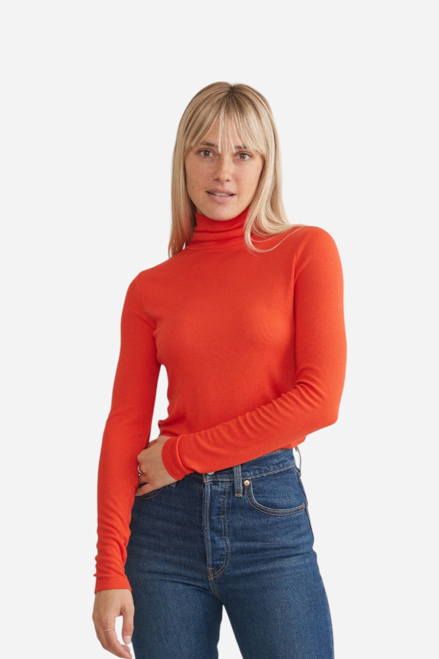 Marine Layer Lexi rib knit turtleneck in scarlet red, front view.