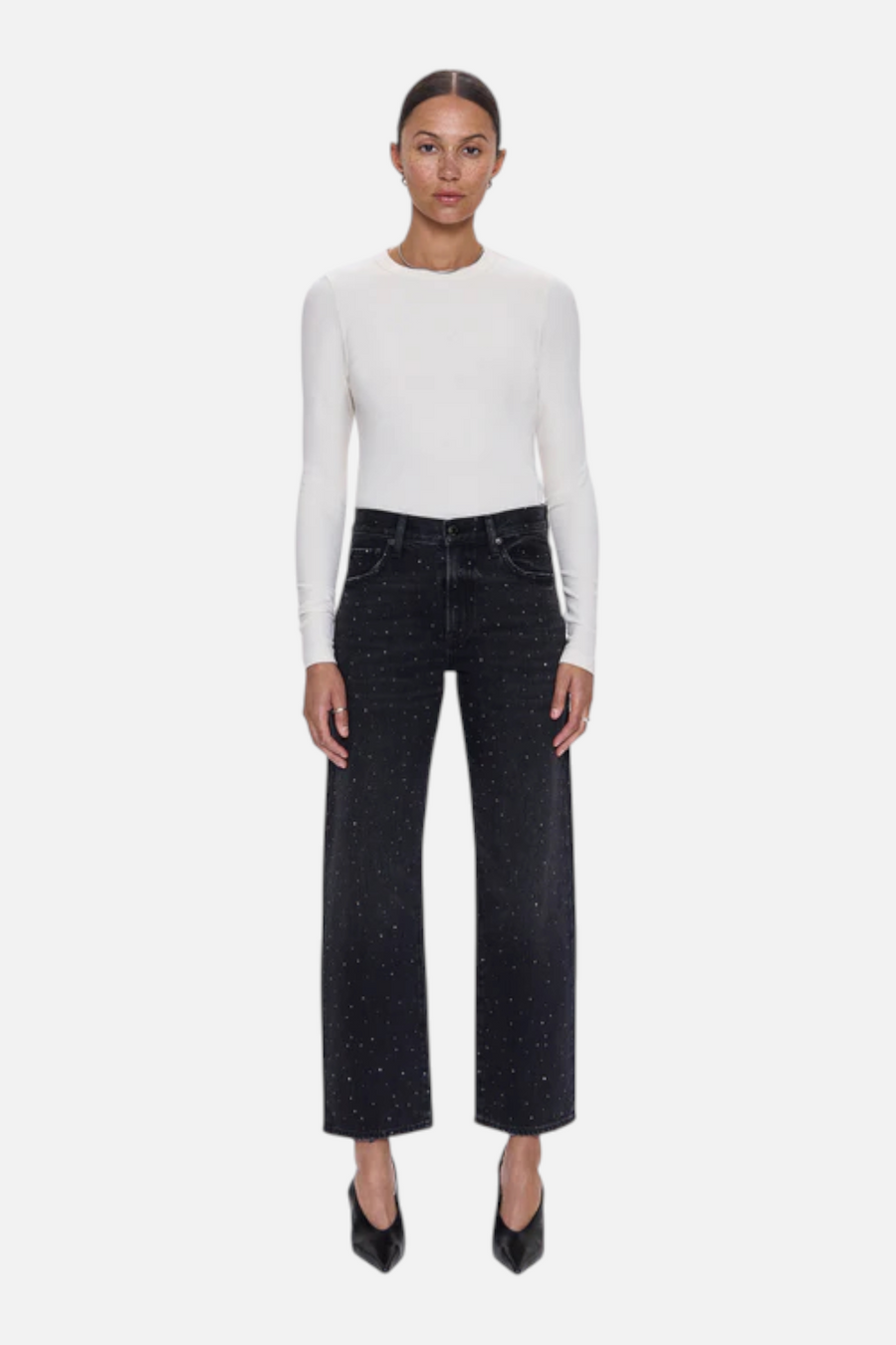 Pistola Lexi Mid Rise Bowed Straight Jean in Silver Screen