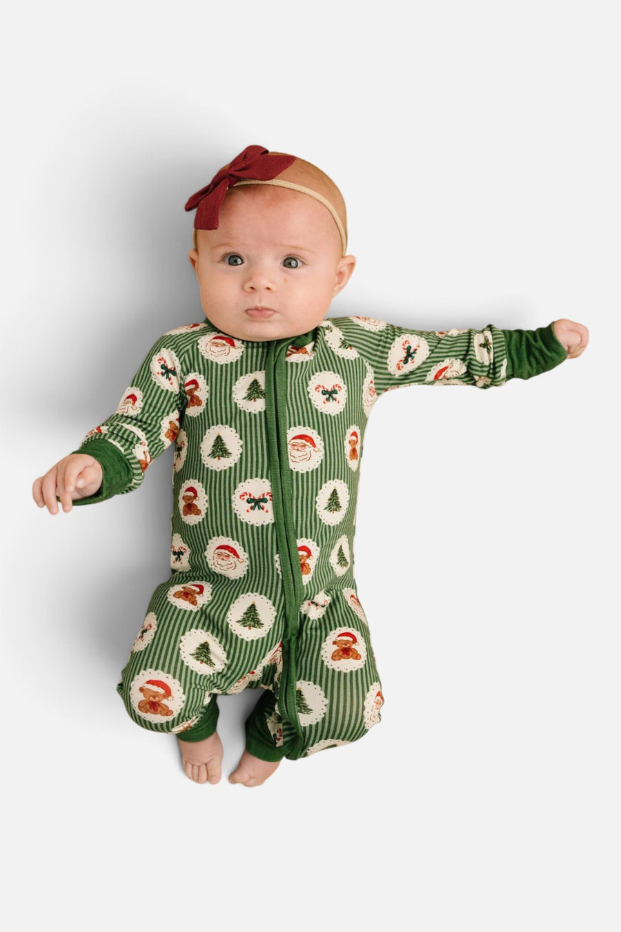 Little One Shop Holiday Heirloom green bamboo baby sleeper with fold-over mittens and footies, full front view.