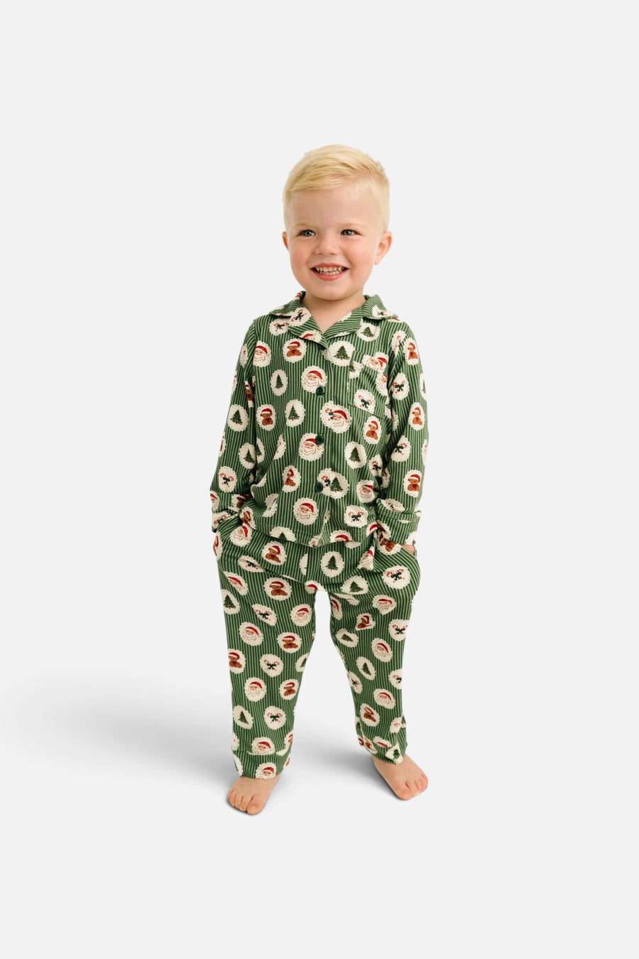 Little One Shop Holiday Heirloom green bamboo button up set for kids, top with matching bottoms.