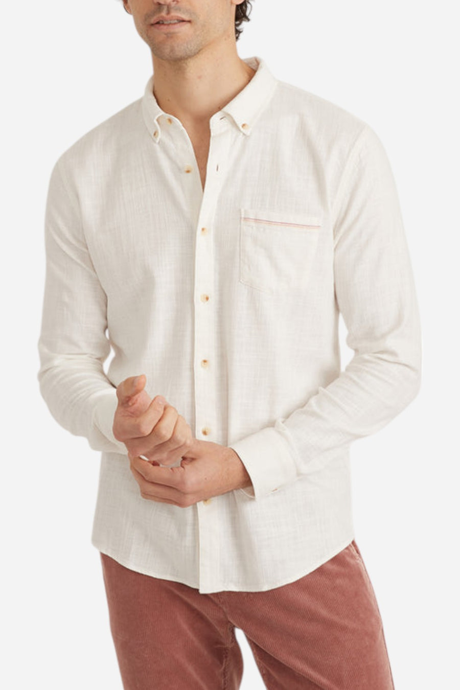 Marine Layer Long Sleeve Dressy Stretch Selvage Shirt in Natural