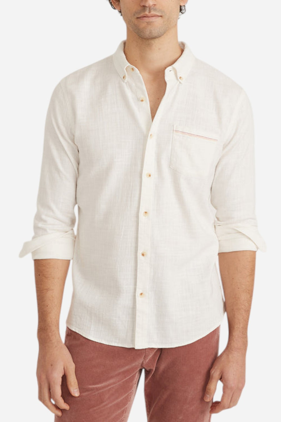 Marine Layer Long Sleeve Dressy Stretch Selvage Shirt in Natural