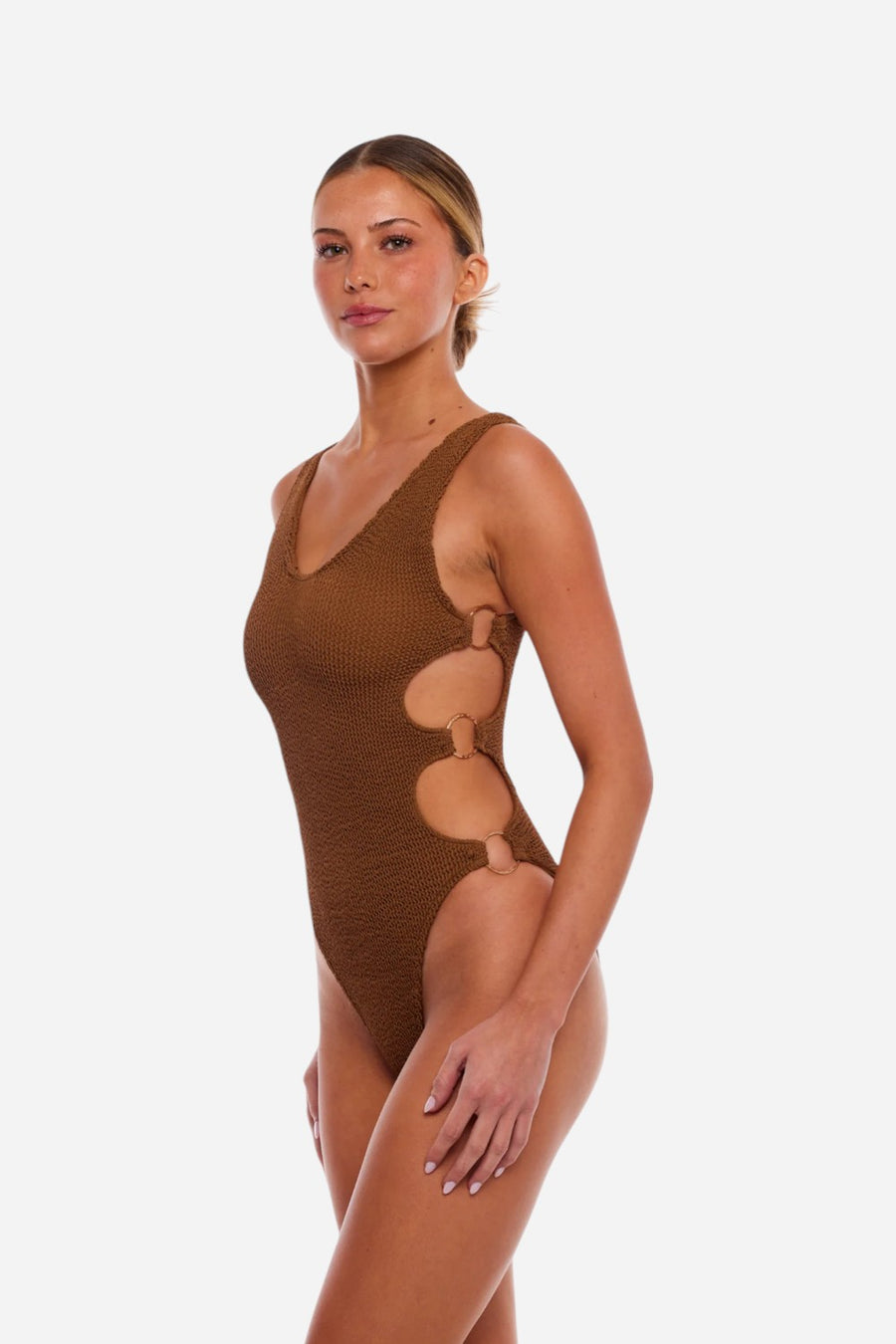 Love & Bikinis Dubai Multi-Ring Cutout One Size One Piece Swimsuit in Chocolate