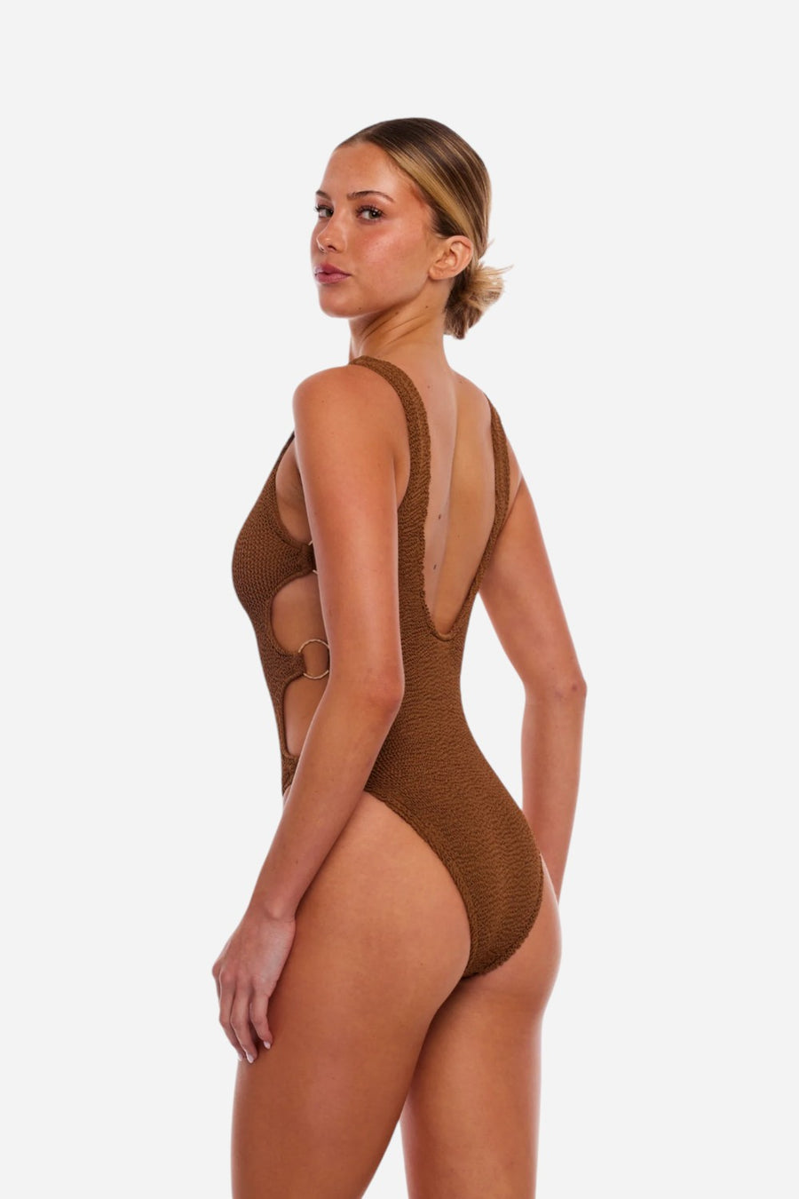 Love & Bikinis Dubai Multi-Ring Cutout One Size One Piece Swimsuit in Chocolate