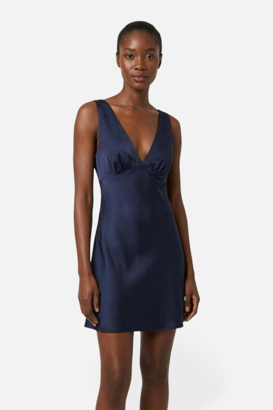 Lulus Liora V-neck mini dress in navy satin, front view.