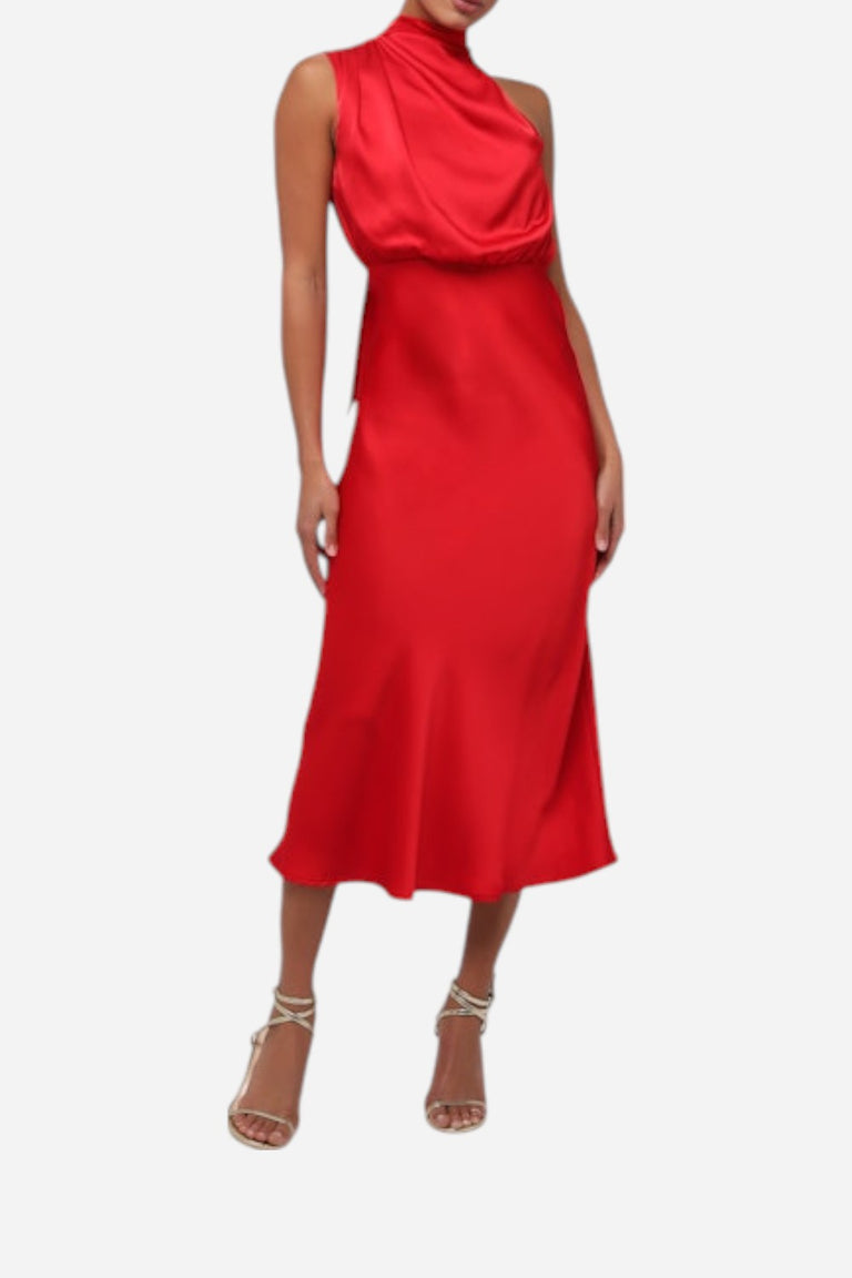 Lulus Dublin Asymmetrical Neck Midi Dress in Red – CHROME