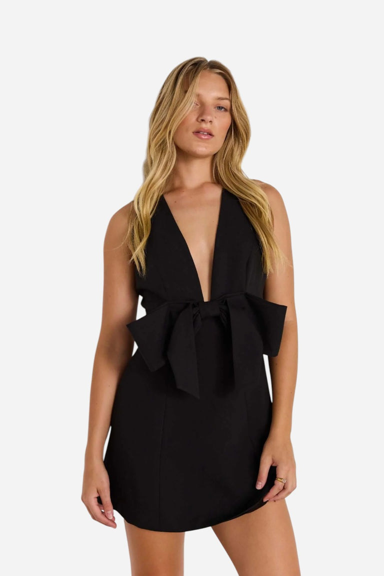 open lace back dress MINKPINK Romy Bow Front Mini Dress in Black – CHROME