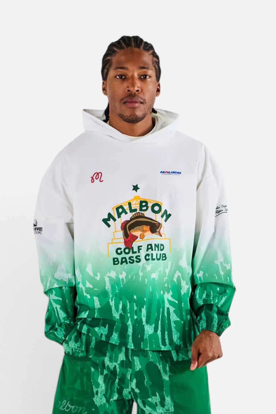 Malbon Golf Sponsors Pullover Jacket in Divot Camo Jungle gradient green and white, front view.