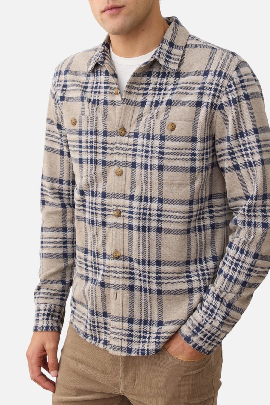 Marine Layer men's Pacifica stretch twill overshirt in taupe plaid, front view.