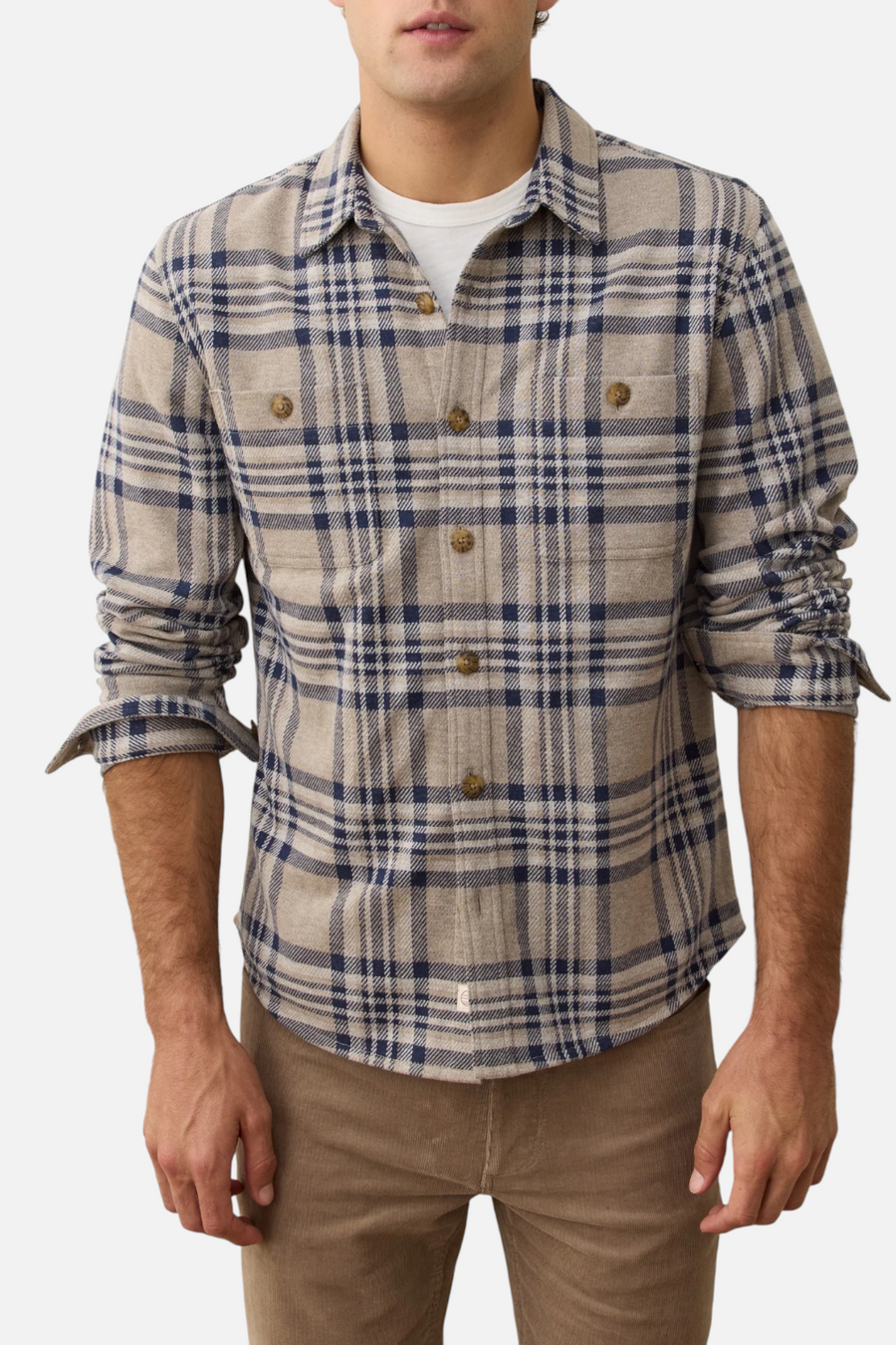 Marine Layer Men's Pacifica Stretch Twill Overshirt in Taupe Plaid
