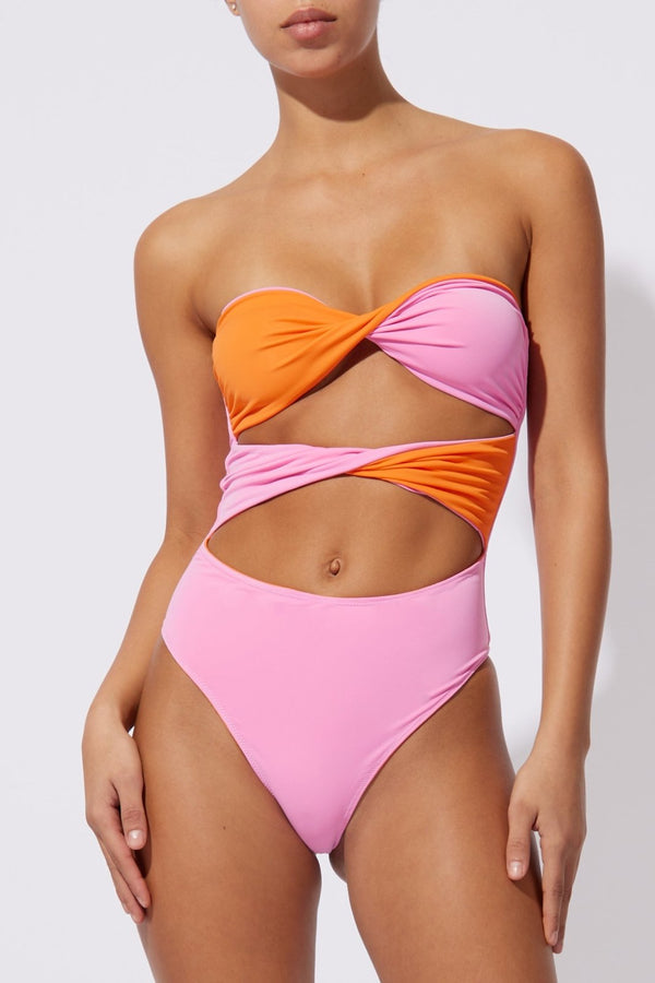 Solid and Striped Marlie One Piece Reversible in Carnation Pink and Clementine