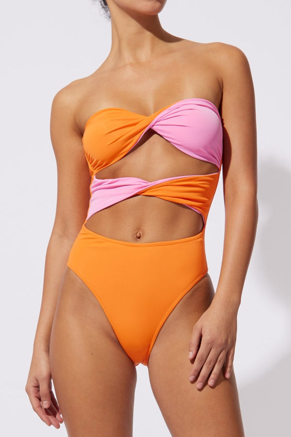 Solid and Striped Marlie One Piece Reversible in Carnation Pink and Clementine
