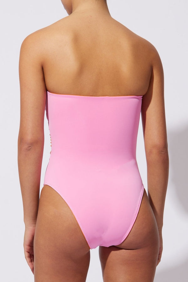 Solid and Striped Marlie One Piece Reversible in Carnation Pink and Clementine