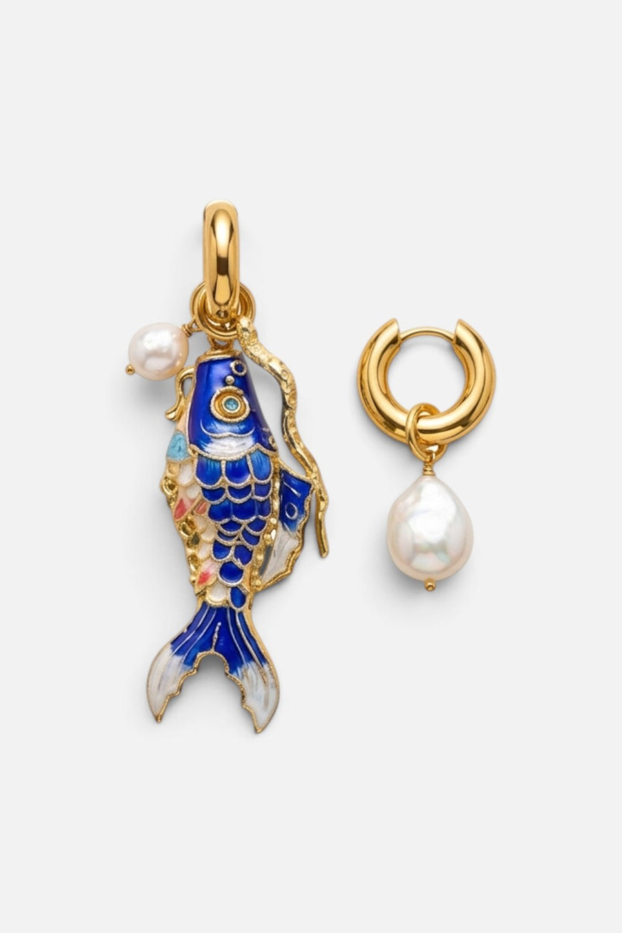 Martha Calvo Barrier hoop earrings in 14KT gold plate with freshwater baroque pearl and blue fish charm