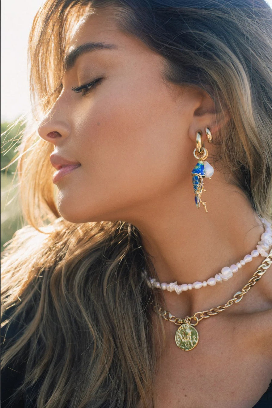 Martha Calvo Barrier hoop earrings in 14KT gold plate with freshwater baroque pearl and removable coral branch charm