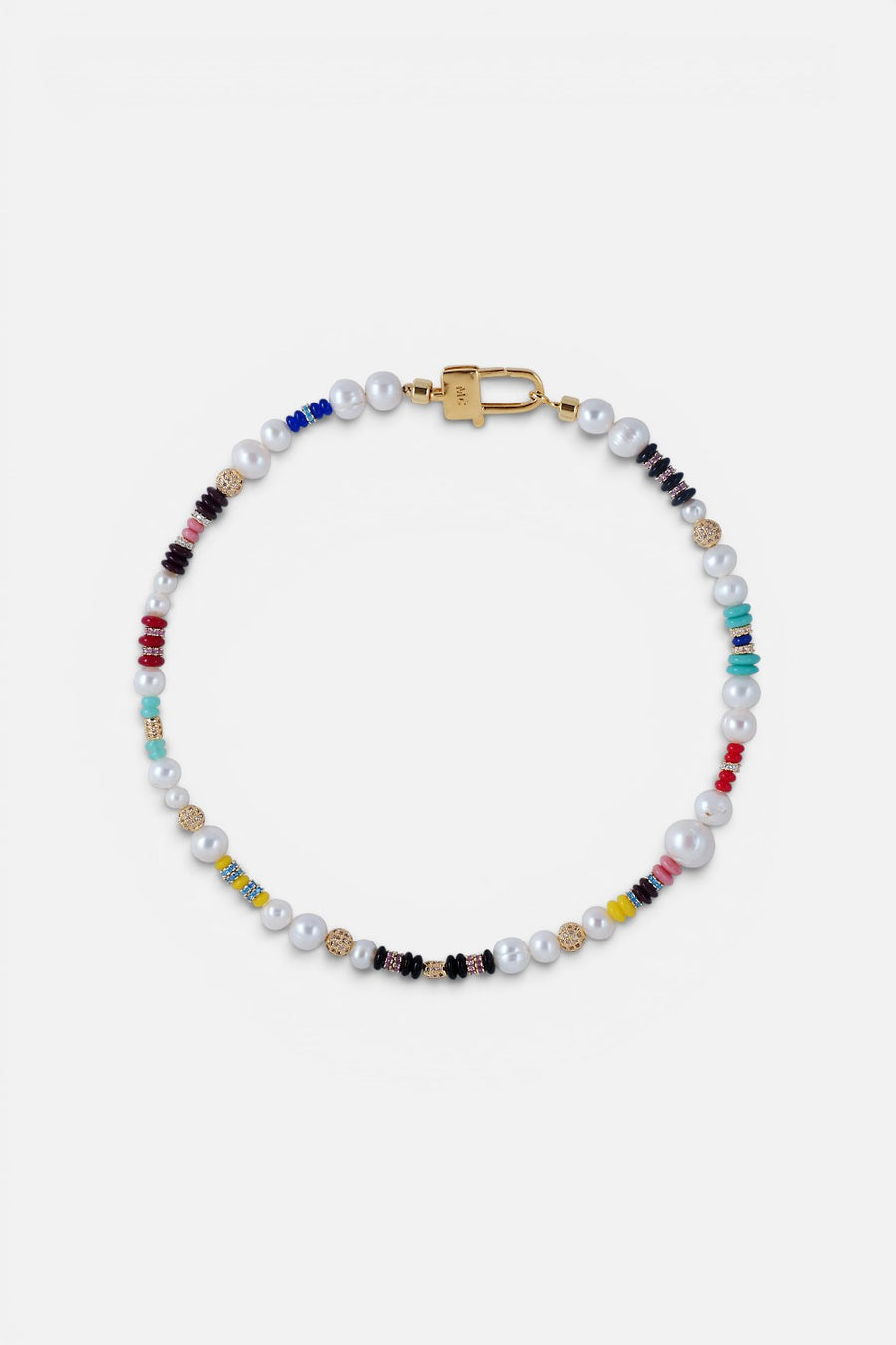 Martha Calvo Kenny necklace with freshwater pearls and multicolor glass beads.