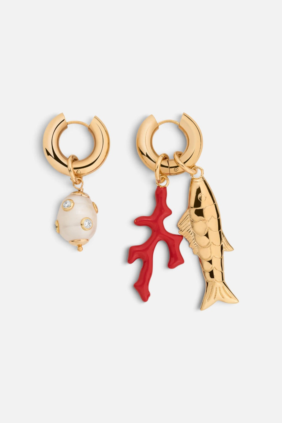 Martha Calvo Reef earrings in 14KT gold plate with fish pendant, red enamel coral branch charm, and encrusted freshwater pearl