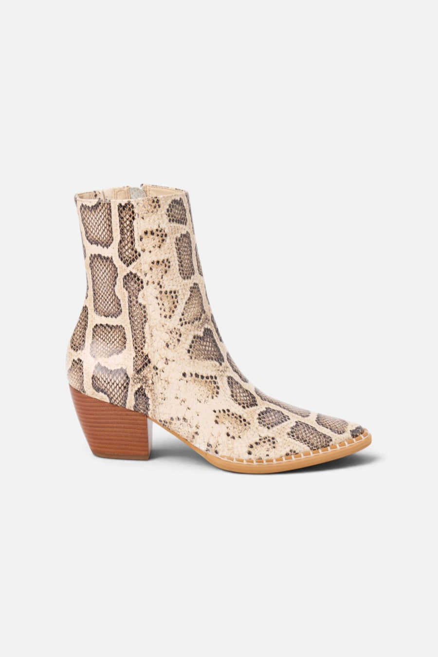 Matisse Caty ankle boot in natural multi snake leather, side profile.