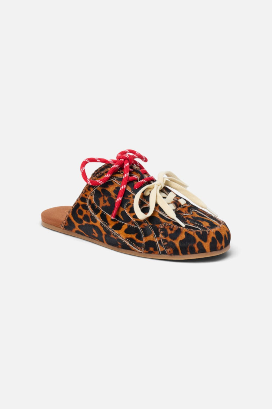 Matisse Devyn leopard cow hair sneaker mule with lace detail.
