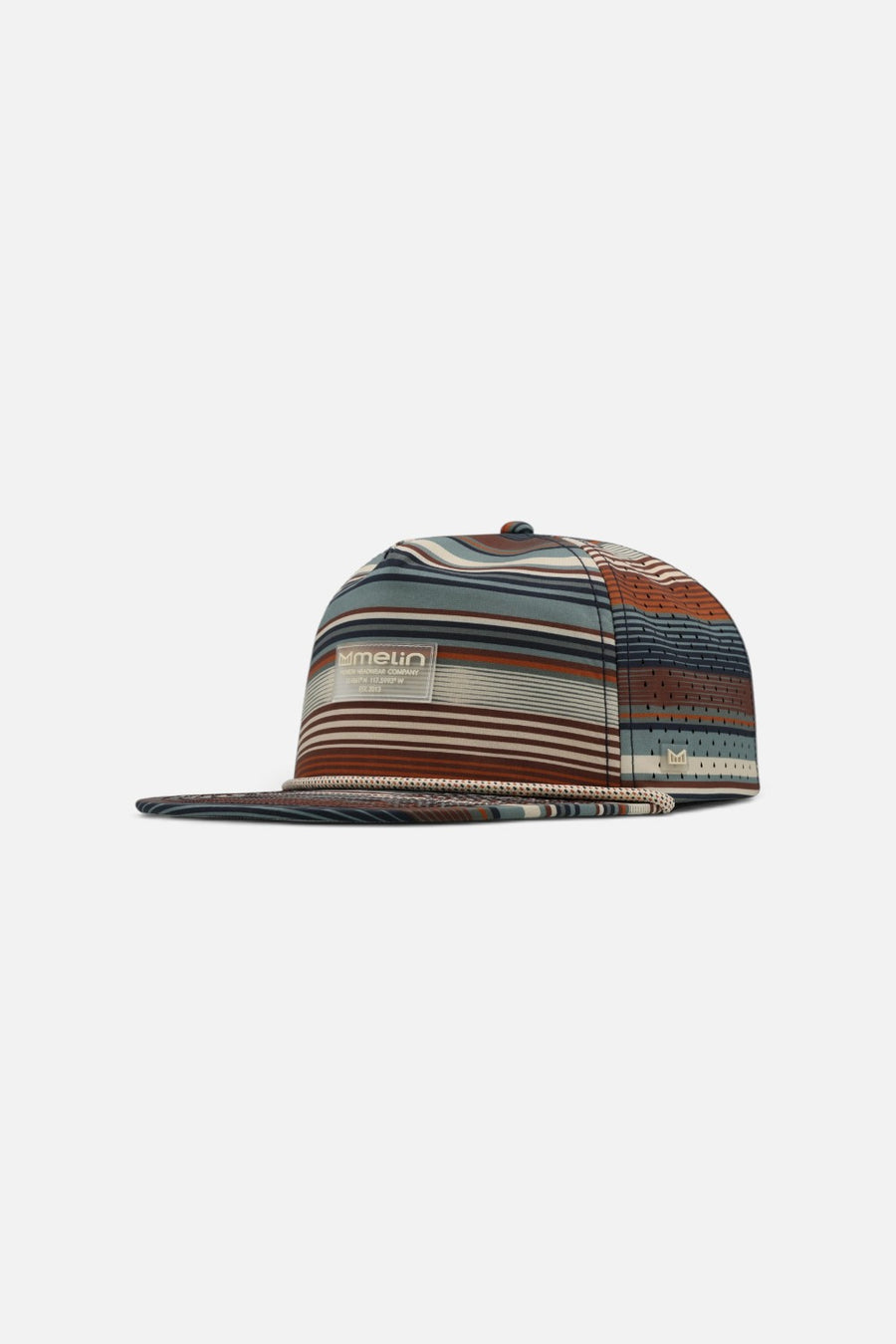 Melin Hydro Coronado cap in an all-over rust, teal and cream serape stripe, side view.