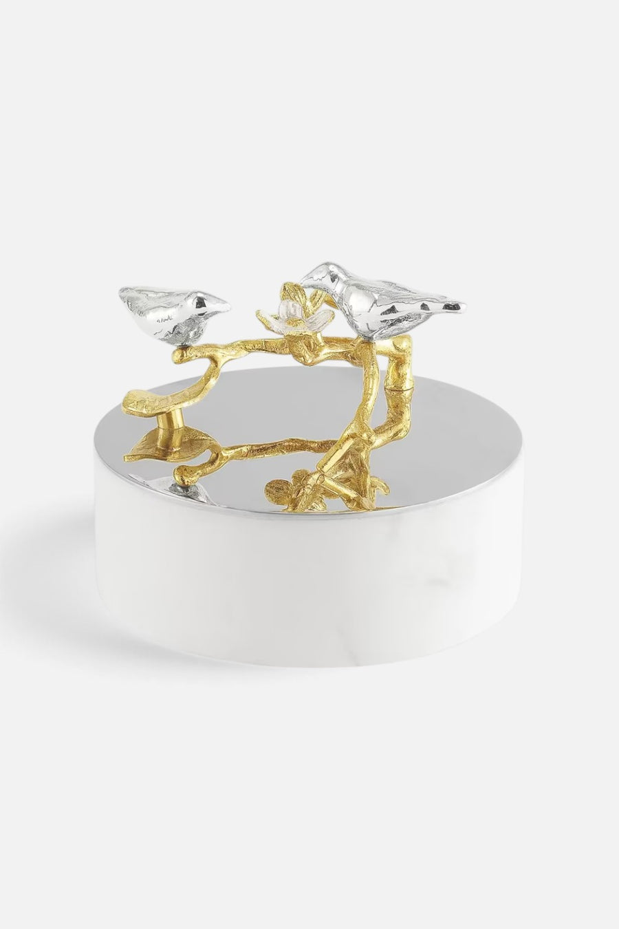 Michael Aram Lovebirds silver and gold trinket box with birds on a golden branch and marble base.