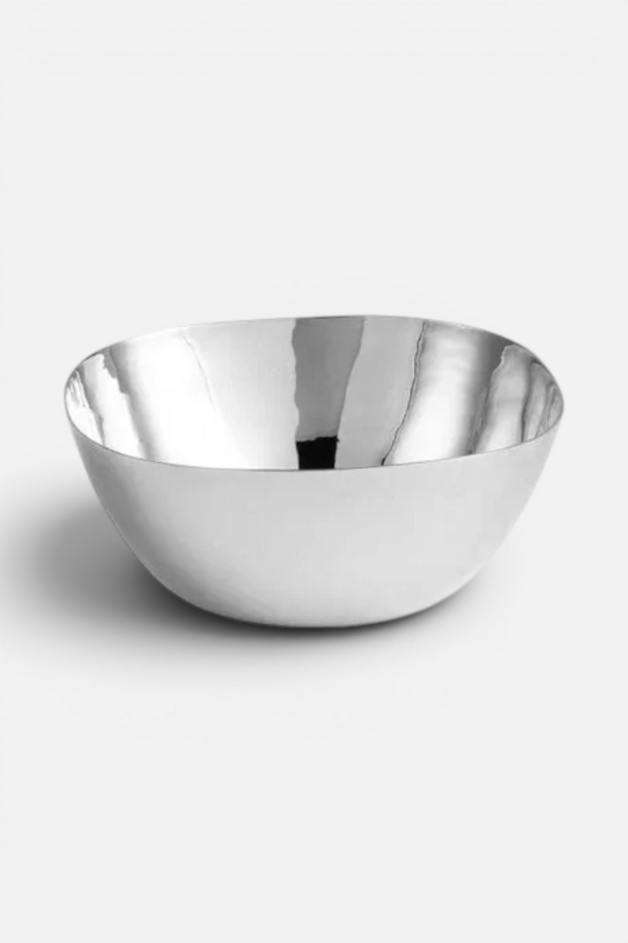 Michael Aram Reflective nut bowl in mirror-polished silver metal, front view.