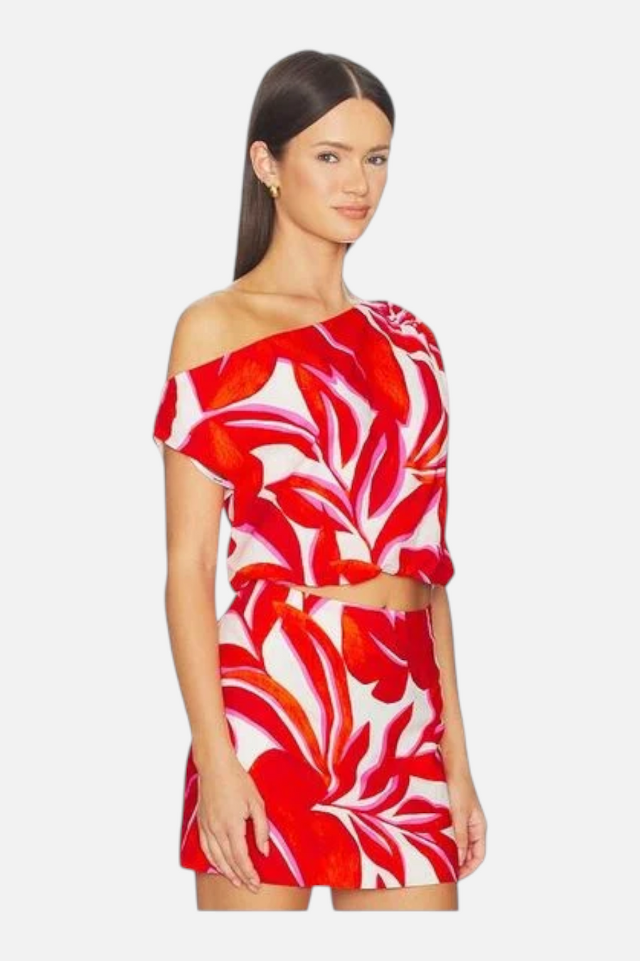 Mink Pink Ravelo Palm Print Asymmetrical Bubble Top Red and White