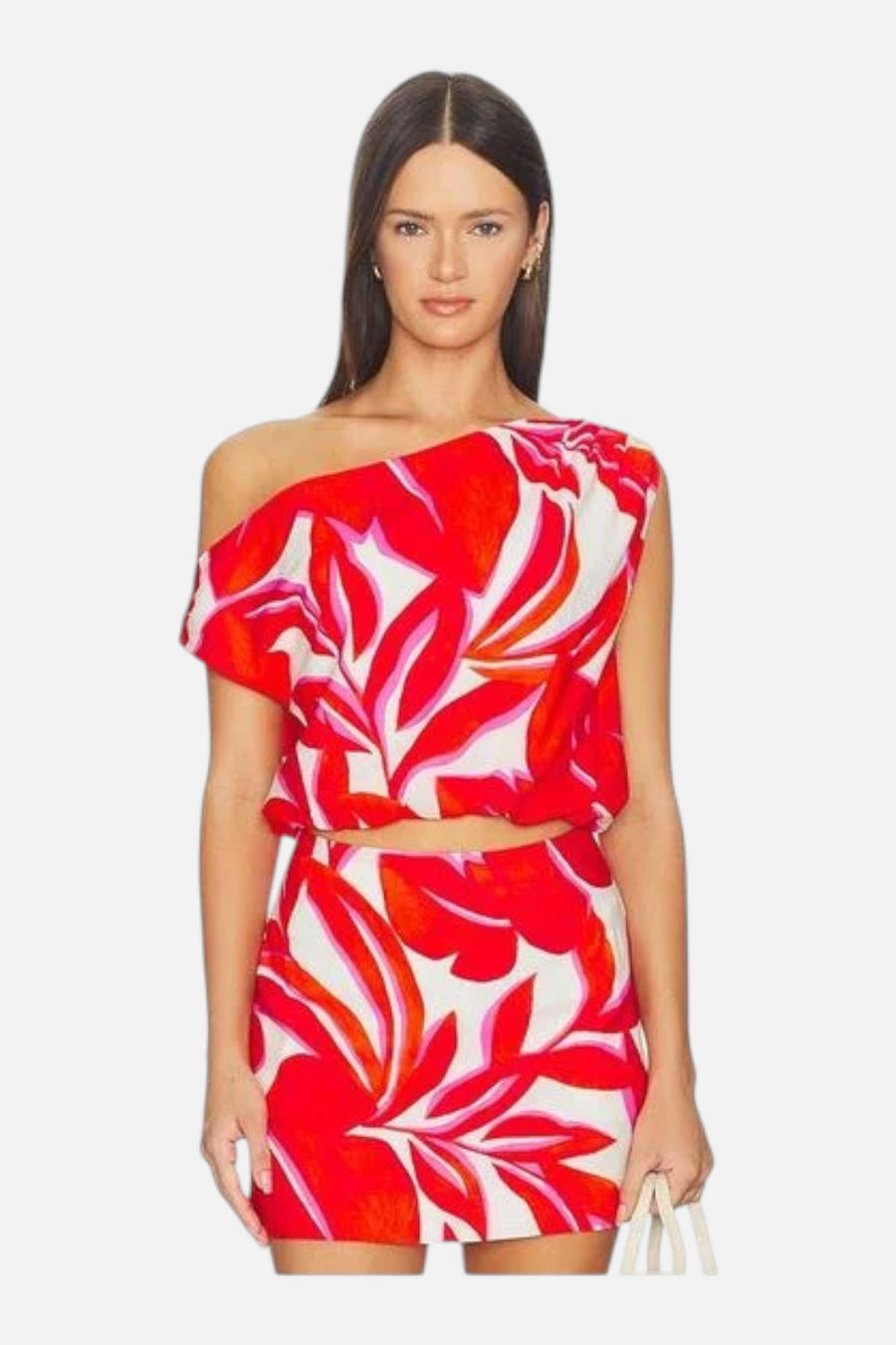 Mink Pink Ravelo Palm Print Asymmetrical Bubble Top Red and White